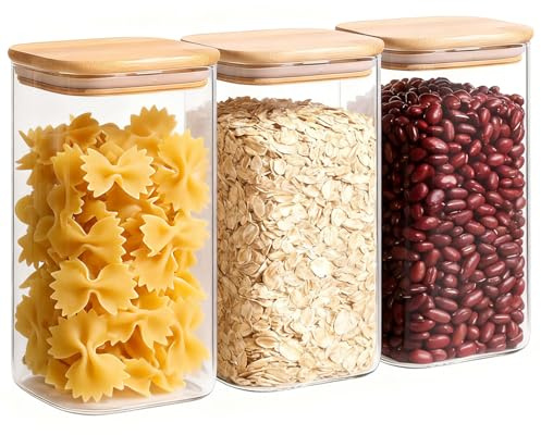ComSaf 1.3L Glass Storage Jars with Bamboo Lids for Kitchen, Pack of 3 | Square Kitchen Storage Container for Pantry Organization, Glass Food Storage Containers with Lids for Oats, Pasta, Coffee