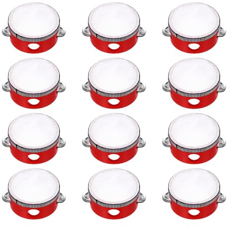 QUARKZMAN 12 Stk Tamburin Trommel 4 Zoll Holz Handgehaltenes Tamburin Rot | Percussion Musikinstrument, Metall Schellen, Einzelreihe, Für Erwachsene Kirche Hochzeit Party Spiele
