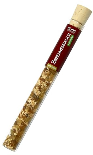 Bitto Räucherwerk FAIR Trade in 35 ml Glasröhre mit ca 16g Zirbenweihrauch - unterstützt dabei, die Lebensenergie und Erholungsfähigkeit zu stärken