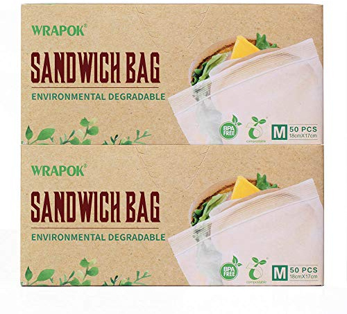 WRAPOK Kompostierbare Ziplock-Gefrierbeutel Wiederverschließbarer Sandwichbeutel, 100 Stück