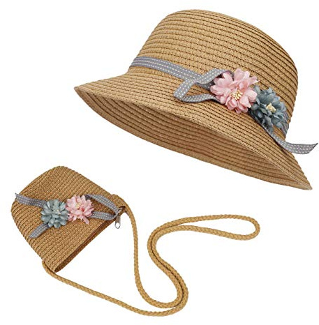 ISIYINER Cappello da Sole per Ragazze Cappello di Paglia Cappello da Spiaggia Estivo e Mini Set di Borse con Decorativo Fiori per Vacanze attività All'aperto
