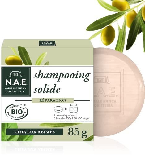 N.A.E. Shampooing Solide Réparation pour cheveux secs (85g), Formule vegan avec 100% d’ingrédients d’origine naturelle, Shampooing certifié bio aux extraits d’olive & basilic