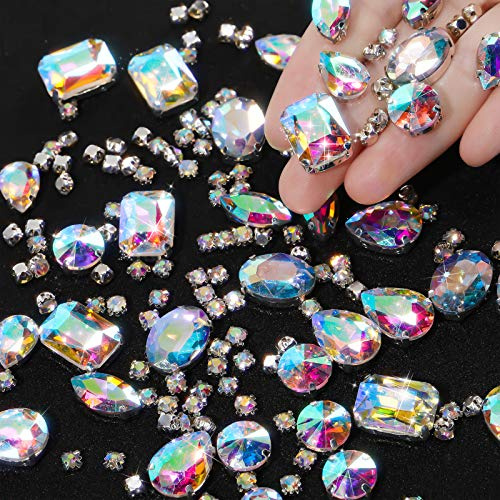 156 Stück Strasssteine zum Aufnähen Klaue Flache Rückseite Strasssteine Glitzersteine Metall Krappenfassung Acryl Glas Nähen Edelsteine für Kleidung DIY Handwerk Schmuckherstellung (Weiß AB)