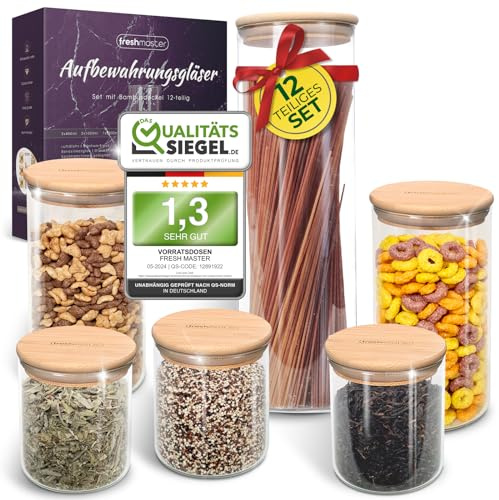 freshmaster Premium Vorratsdosen Glas mit Bambusdeckel I Vorratsgläser mit Deckel für luftdichte Aufbewahrung I Vorteils Gläser Set (12 teilig)