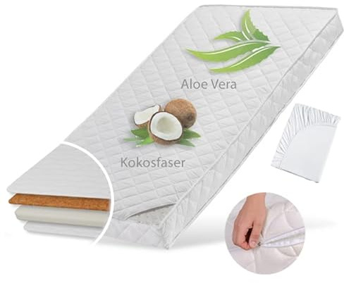 Kids Collective Babymatratze 70x140 cm KOKOS mit gestepptem Aloe Vera-Bezug Spannbettlaken 10cm hoch Babymatratze Kindermatratze Kokos-Matratze für Babybett oder Kinderbett Körpergewicht bis 60kg