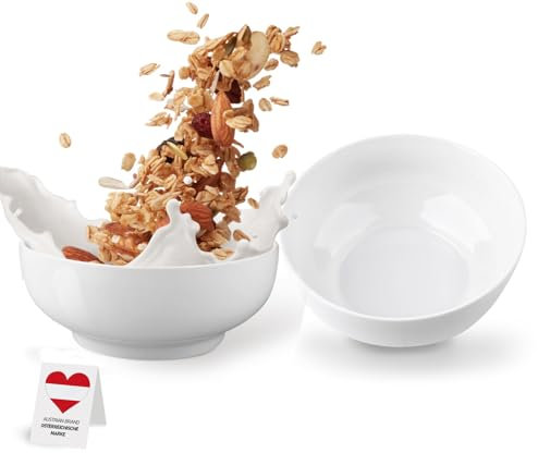 Juego de 2 Cuencos de Porcelana para Cereales y Postre, 800-1000 ml, 17,5 cm de Diámetro, Color Blanco Cálido, para Desayuno y Tazón