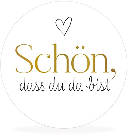 50 runde Aufkleber, Sticker „Schön, dass du da bist“ | stilvolles Design: herz, gold | 4cm Durchmesser | selbstklebend | Gastgeschenke für Hochzeit Taufe Geburtstag