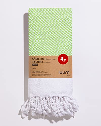 Luum® 4er Set Hamam Gästehandtücher, Platzset, Platzdeckchen, Tischset waschbar, Seiftuch, 100% Baumwolle, schnelltrocknend, fusselfrei, Grün, 33x45, Geschenkset, Hochzeitsgeschenk Idee