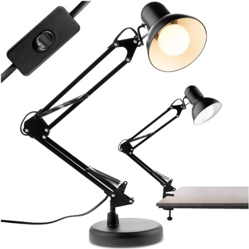 Lumiled Schreibtischlampe klassisch Leselampe Schwarz Tischleuchte Tischlampe Verstellbarer Arm Arbeitsleuchte Nachttischlampe mit E27 Fassung Retro aus Metall Kinderzimmer Arbeitszimmer mit Klemme