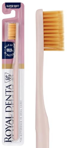 Royal Denta Extra Soft Toothbrush for Adults, Soft Bristle Manual Tooth Brush for Sensitive Teeth and Gums with Dual Length Gold Infused Bristles, Made in Korea, Pink