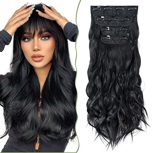 SEGO Clip in Extensions 4 PCS Wavy Haarverlängerung günstig Haarteil Haare Locken mit Klips für vollen Kopf 55 cm Schwarz Braun
