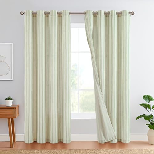 TOPICK Rideaux Salon Fenetre Draperies Moderne Vintage Ligne Vert sur Beige 130L X 245H cm, Rideau Lin Naturel avec Oeillets, Semi Transparent pour Salon Chambre Adult Porte Petite Fenetre Lot de 2