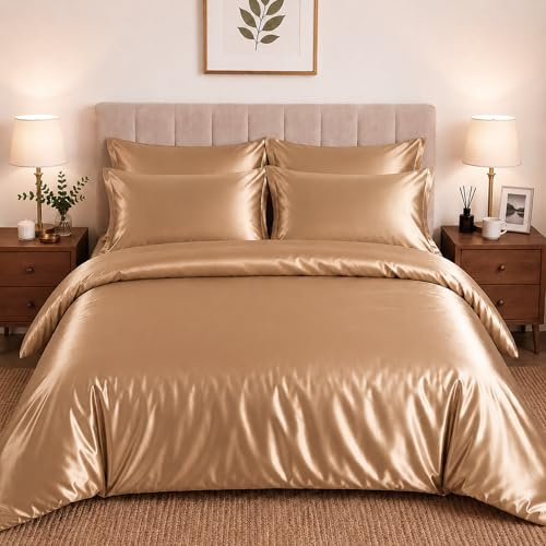CHARKHAH Satin Silk 6 Piece Complete Bedding Set Durable Silky Fabric with Single Double King Size Bed Fitted Sheet Duvet Cover Comforter and 4 Pillow Cases (Gold, King)