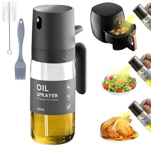 Spruzzino Olio per Friggitrice Aria,250ml Spruzzatore Olio con 2 Tipi di Pennelli,Dispenser Olio Spray,Spray Olio Cucina,Nebulizzatore Olio per Grigliare,Cuocere al Forno,resistente al calore