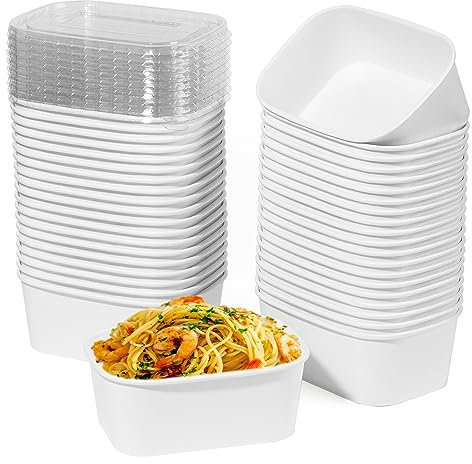 Giwrmu 50 cuencos de papel desechables de 30 onzas con tapas transparentes, recipientes desechables de 880 ml, cuenco cuadrado grande de papel con cubiertas utilizadas para ensalada, helado, fideos,