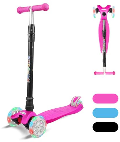 KORIMEFA Monopattino 3 ruote per bambini dai 3-12 Anni, monopattino per bambini e ragazze, con ruote lampeggianti a LED in PU e con 3 altezze regolabili, per Bambini (Rosa)