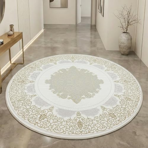 CARPETIA Teppich Wohnzimmer Schlafzimmer edel Ornamente glänzend Mäander groß Kurzflor Teppich elegant Creme Gold 200 cm Rund