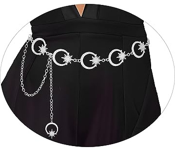 Bohend Metall Strass Taille Kette Gürtel Mode Mondstern Körper Link Gürtel Splitter Anhänger Taillenketten Verstellbare Kleider Lange Gürtel-Ketten Zubehör für Frauen und Mädchen (M, Silver)