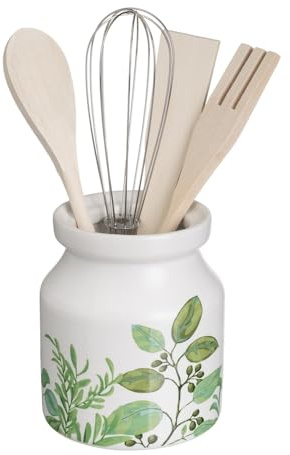 Set porta utensili con 4 accessori in ceramica stoneware bianco e verde Ø 12x13 cm