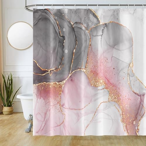 Uiiooazy Duschvorhang 180x180cm, Duschvorhang Anti Schimmel Grau Marmor Optik Rosa Aquarell Marmoriert Duschvorhänge Stoff Waschbar Wasserdicht Polyester Bad Vorhang mit 12 Haken für Badezimmer
