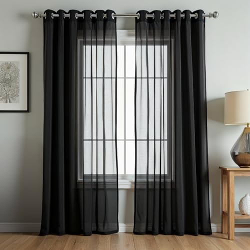 NAKIHOUSE Voile Curtain 63 Drop 2 Panels Net Curtains for Windows Eyelet Top Sheer Curtains for Kitchen Living Room Bedroom Window Treatment, Black Voiles, 52 x 63