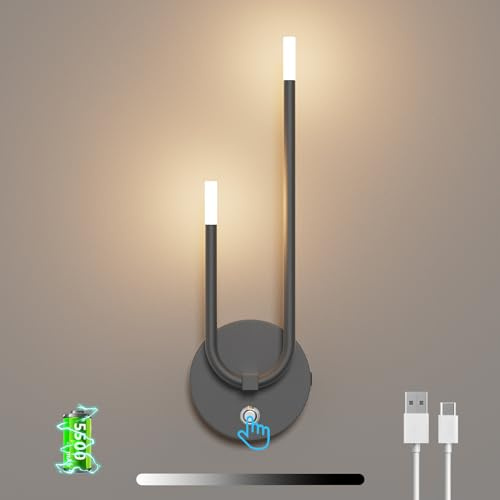 Aipsun akku wandleuchte innen Anthrazit, akku wandleuchte magnetisch, 𝟓𝟓𝟎𝟎𝐦𝐀𝐡, Touch 3000K, kabellose Wandleuchten modern für Schlafzimmer Wohnzimmer, Flur, Treppenhaus