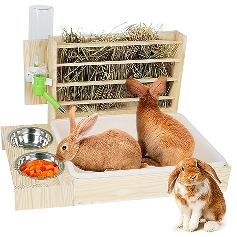 4 in 1 Rabbit hay feeder, Wooden hay rack, Bunny Guinea Pig Holder Holder with Stainless bowls, plastic litter box, toilet, hay rack and water bottle, for rabbits, Chinchillas, rodents (4-in-1)