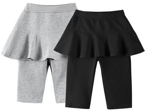 LOLANTA Leggings pour Filles avec Jupe à mi-Genou, Short à Jupe évasée d'été, Capri de Sport Scolaire pour Enfants, Lot de 2, Gris&Noir, 6-7 Ans, 130
