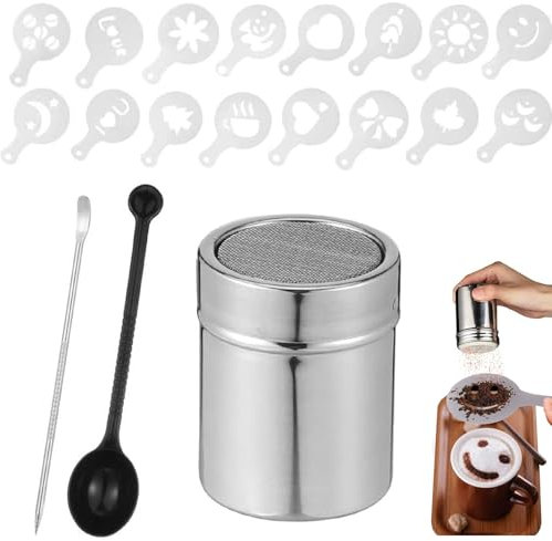 Kiuiom Coctelera de Cacao,Coctelera de Chocolate de Acero Inoxidable,Cocoa Sprinkler con 16 Plantillas de Café + Cuchara Medidora + Barista Pen,Accesorios Cafe para Café Cacao Pastel
