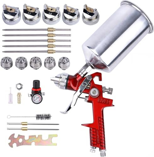 WOOLUCK® Pistolet à Peinture HVLP avec 5 Buses, 1,4mm 1,7mm 2,0mm 2,5mm et 3,0mm, Gobelet en Aluminium de 1000cc, pour la Peinture Automobile, la Peinture de Voitures