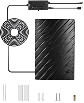 Vecys Antenna TV per Smart TV 25dBi Antenna TV digitale per interni con amplificatore USB e adattatore F femmina a TV maschio 500 miglia Home DVB-T2 Antenna TV RG174 5 m/16.4ft Supporto cavo coassiale