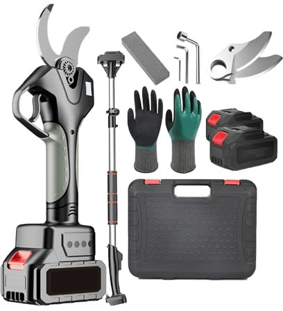 pedenencelia Sécateur Électrique, Ciseaux De Coupe, Écran LCD, avec Perche Télescopique De 210 Cm, 2 Batteries 1500 Mah, 2 Lames, Une Paire De Gants, pour Branche d'arbre De Jardin
