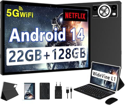DEERTiME Newest Tablet 10 Pulgadas Android 14, 8-Core 2.0 GHz, 22GB RAM+128GB ROM, Widevine L1, 5G WiFi, BT5.0, 8000mAh, GMS Certificado, Widgets, Tablet PC con Funda, Teclado y Ratón - Negro