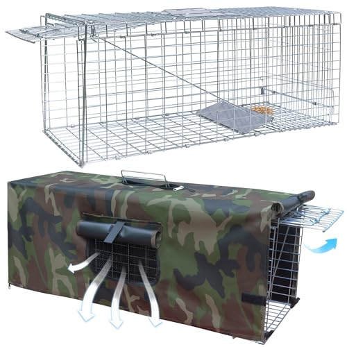 Live Animal Trap Cage with Cover, Cat Trap for Stray Cats 32 Inch Heavy Duty Folding Skunk Traps with Real Door for Raccoons, Opossums, Groundhogs, Skunks, Feral Cats, Squirrels-(32 x 10 x 12 inches)