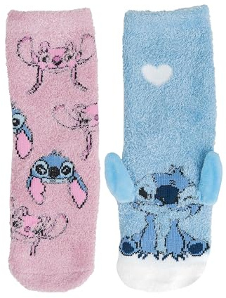 Disney Lilo & Stitch 3D ABS Cuddly Fluffy Winter Socks for Girls - Non-Slip With Stoppers, Pink/Blue (Pack of 2), 27-30