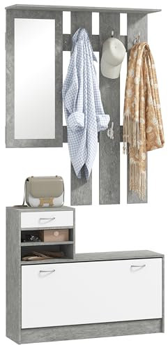 HOMCOM Set Mobili Ingresso Moderno con Scarpiera e Specchio, Appendiabiti da Ingresso con 6 Ganci, 2 Ripiani Regolabili e Cassetti in Legno per Corridoio, 90x24x177 cm, Bianco e Grigio Chiaro