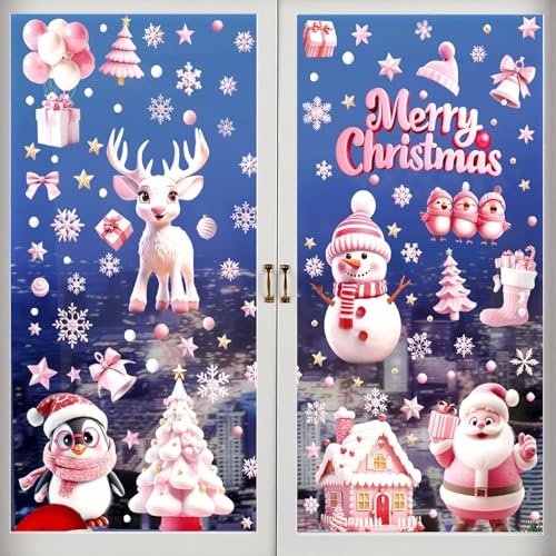 Fensterbilder Weihnachten,192 Stück 2024 Fenstersticker Weihnachten Selbstklebend,Wiederverwendbar Doppelseitig Weihnachten Schneemann Santa Claus Fensterdeko für Xmas Party Weihnachtsdeko (B)