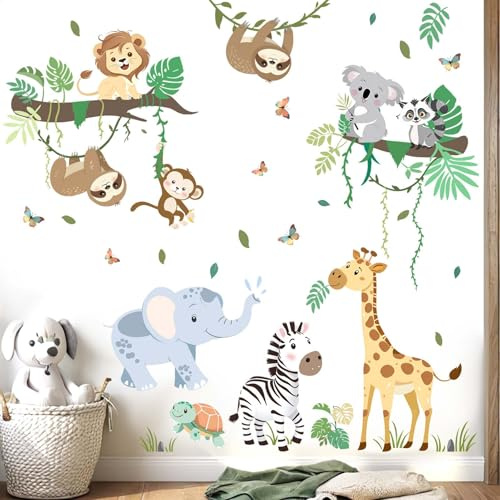 Baby Tiere Wandaufkleber für Kind Wandtattoo: Dschungel Affe Elefant Giraffe Löwe Wandabziehbilder - Wandsticker Kind Produkte Alter 1-12 Jahre