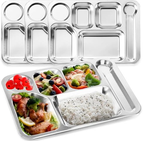 Nexboraque Paquete de 4 platos divididos de acero inoxidable, platos rectangulares de 6 secciones para adultos, quisquillosos, campistas, control de porciones de alimentos dietéticos