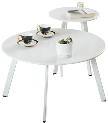 Fokebel Patio Couchtisch 2er Set, wetterfester runder Beistelltisch für den Außenbereich, Nisttische für Wohnzimmer, Balkon, Büro, weiß