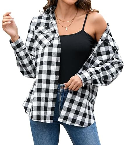 Stamain Chemise a Carreaux Noir Femme Chemise à Boutons à Manches Longue Country Top à Enrouler Décontracté Bureau Classique Fête avec Poches L