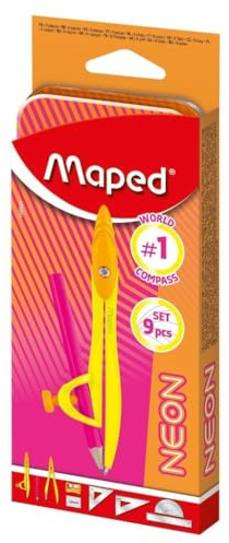 Maped - Komplettes Set für Geometrie und Mathematik – 2 Zirkel (Ring und Mine), Lineal 15 cm, Winkelmesser 180°, Geodreieck, Radiergummi, Anspitzer und Bleistift – Set mit verschiedenen Produkten
