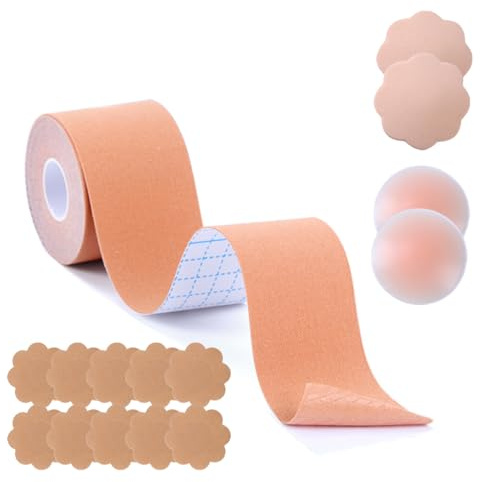 Zynxel Boob Tape 5m, Sujetadores Adhesivos para Mujer Push Up, Pezoneras Adhesivas Invisibles y Reutilizables, para Sujetadores sin Espalda, Cinta Adhesiva para el Pecho en Tallas de Copa A-E