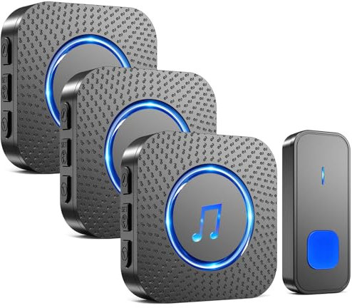 SURFOU Campanello Senza Fili da Esterno Interno, Campanello con 3 Ricevitori Spina Casa Wireless Pulsante a Lunga Distanza di 400m, 55 Suonerie, 5 Volumi Selezionabili, Indicatore LED, Nero