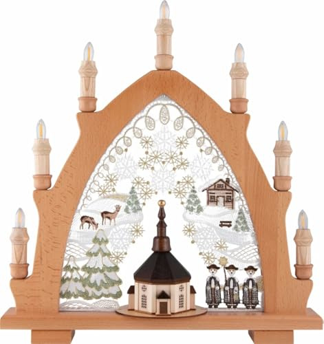 PGV Original Erzgebirgischer Holz-Schwibbogen Lichterbogen mit Plauener Spitze - Seiffener Kirche - Buche hell