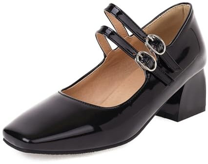 MISSUIT Damen Mary Jane Pumps Lack Blockabsatz Schnalle(Schwarz,41)