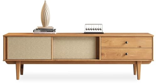 Mobile TV SIMONA L 175 cm in legno massello color rovere con 2 cassetti 2 ante scorrevoli, per TV fino a 75, stile vintage scandinavo, anni '50, con rattan intrecciato