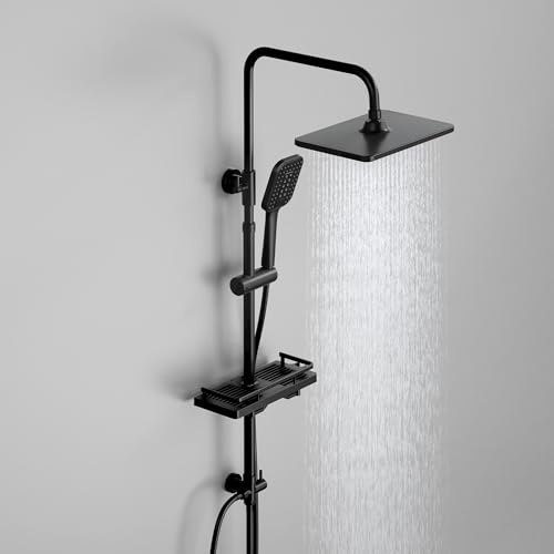 Florenta Regendusche ohne Armatur, Duschsystem Schwarz | Edelstahl Verstellbarer Duschstange, 30 × 20 cm Überkopfbrause, Bohrfree-Ablage, Handbrause mit 3 Strahlarten