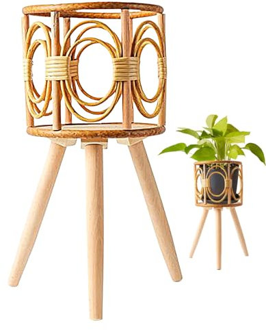 YRTUOP Rattan Pflanzenständer, handgewebter Pflanzenregal Blumenständer mit 3 Holz Beinen Pflanzenhalter Boho-Dekoration für Wohnzimmer, Balkon und Büro