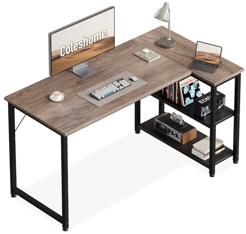 Coleshome Gamingbord, Hörnskrivbord med Reversibel Förvaringshylla, Utrymmessparande Skrivbord, Passar för PC-skrivbord i Hörn i Hemmet (Grå ek, 120x70cm)